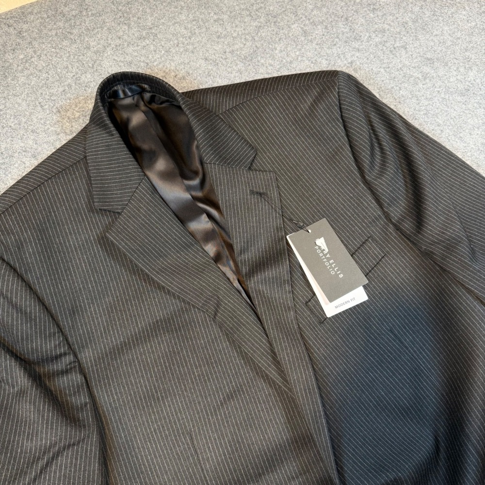 Perry Ellis Portfolio Mens 44R Modern Fit Pinstripe Suit Jacket Blazer Black New